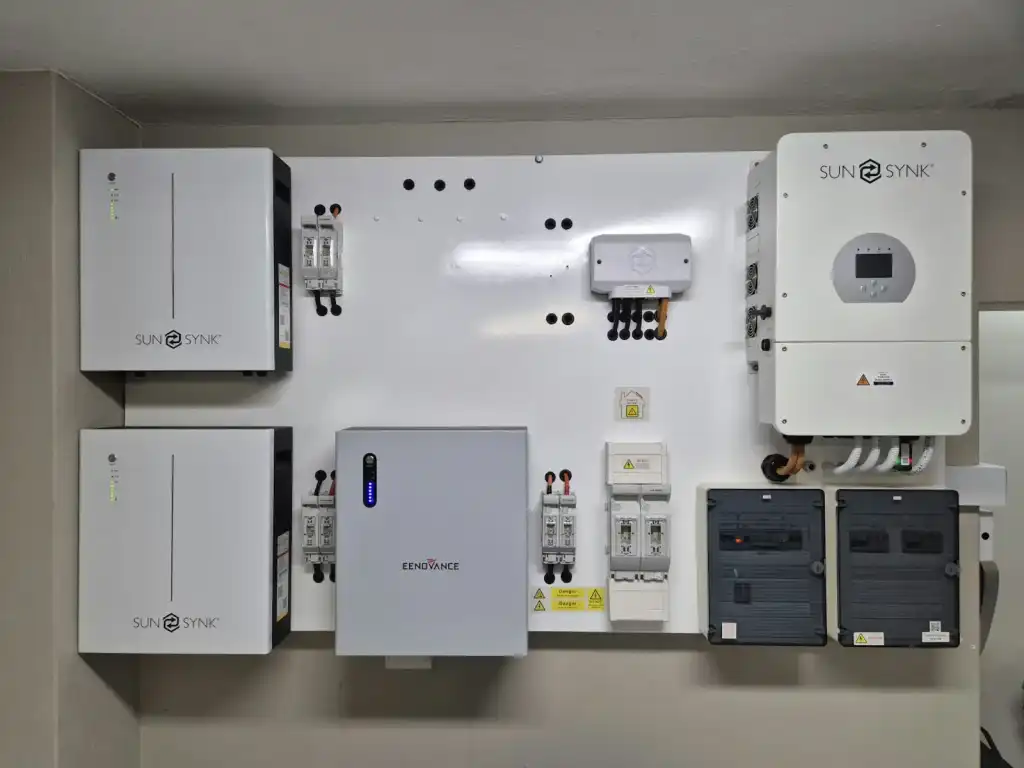 Wall-mounted home battery and solar inverter system neatly installed on a garage wall