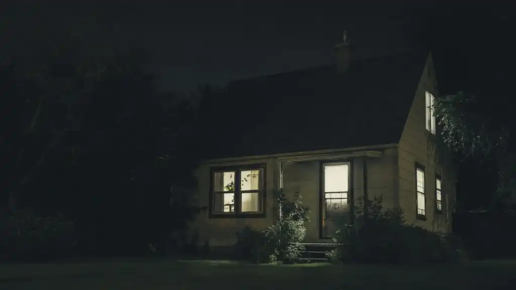 Small house at night with warm lights glowing in the windows while the street around it is dark
